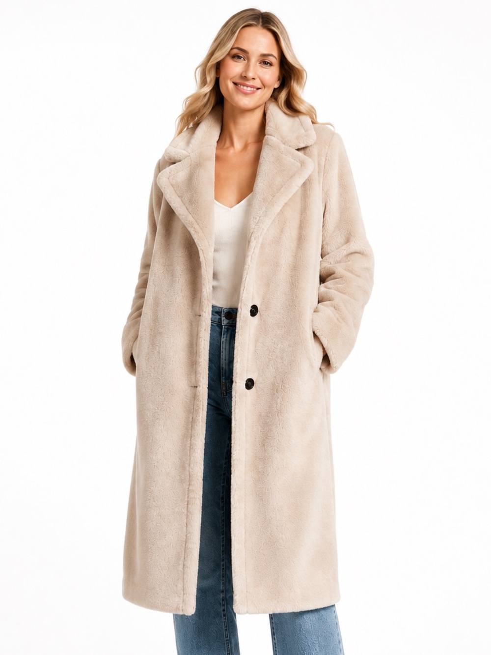 Rachel Zoe Faux Fur Coat M Cream Beige Longline Plush Teddy